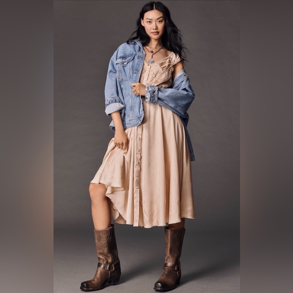 Anthropologie Boho Hanky Hem Button Front Midi Dress Beige M Cottagecore